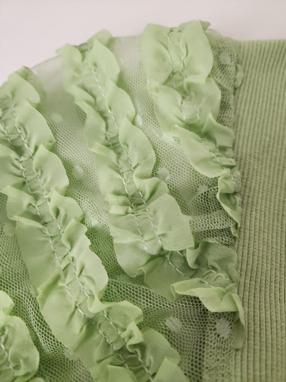 Dolan Anthropologie Ruffle Puff lace Sleeve Green‎ Ribbed Top blouse sz M - Picture 7 of 12